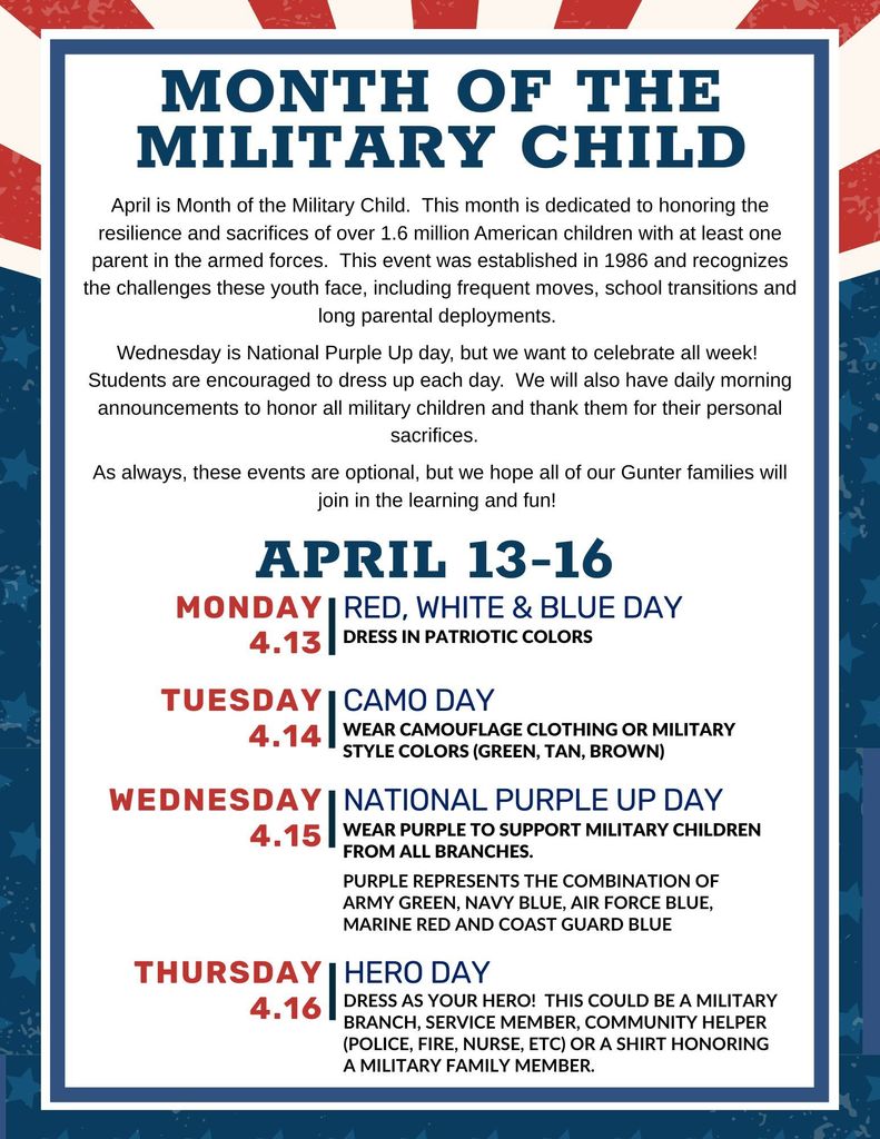 A poster titled "Month of the Military Child" shows themed days for April 13-16. Days include Red, White, Blue Day, Camo Day, Purple Up Day, and Hero Day.