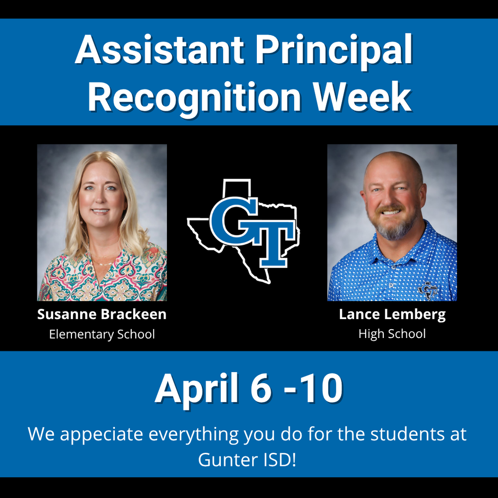 Blue and black background displays "Assistant Principal Recognition Week April 6-10". Two photos, one of a blonde woman, and one of a bearded man.