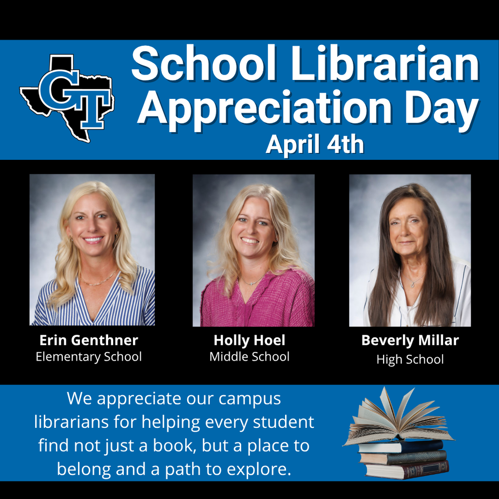 Poster for School Librarian Appreciation Day, featuring Erin, Holly, and Beverly. Blue background with white text.