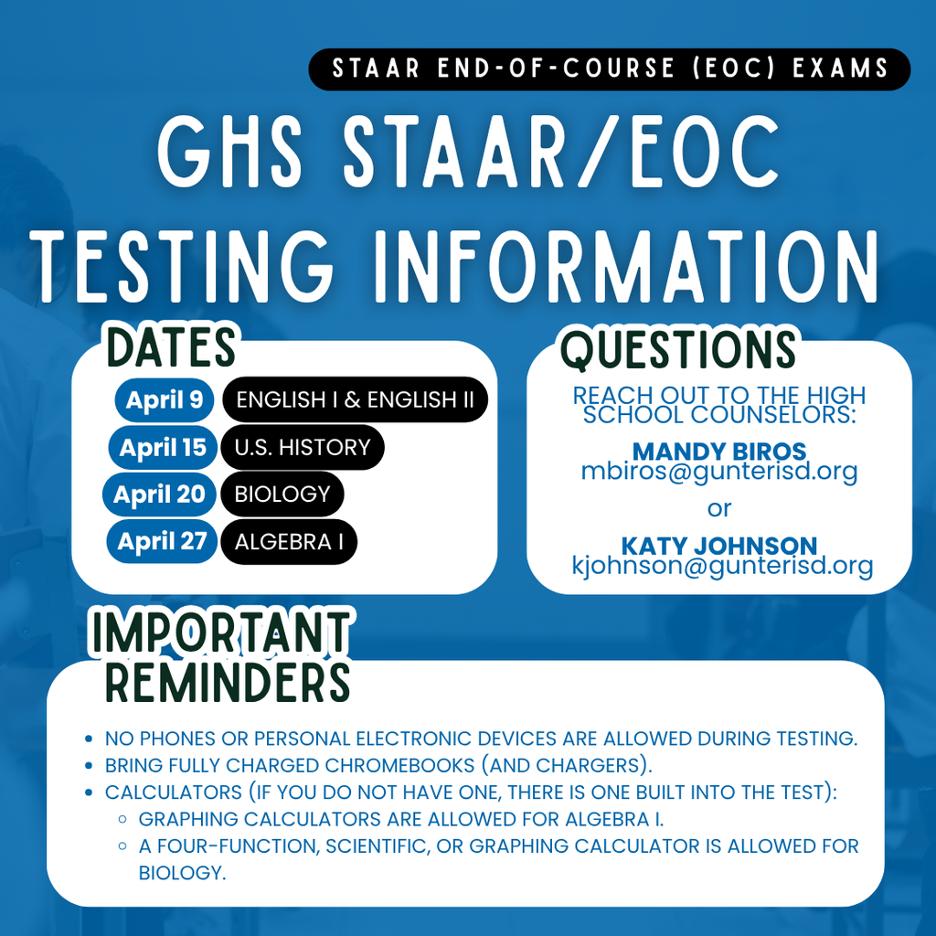 An informational flyer with a blue background. It includes test dates, contact information, and testing guidelines.