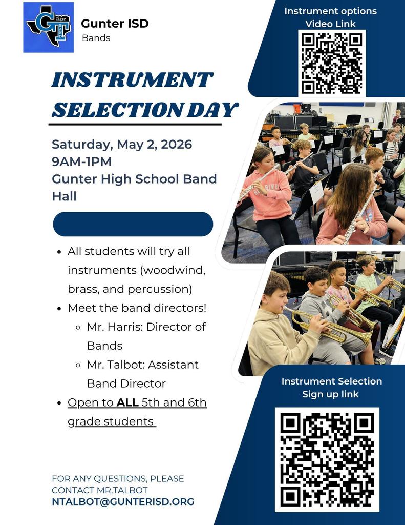 A flyer for "Instrument Selection Day" at Gunter High School, featuring students playing instruments, QR codes, and details for 5th and 6th graders.