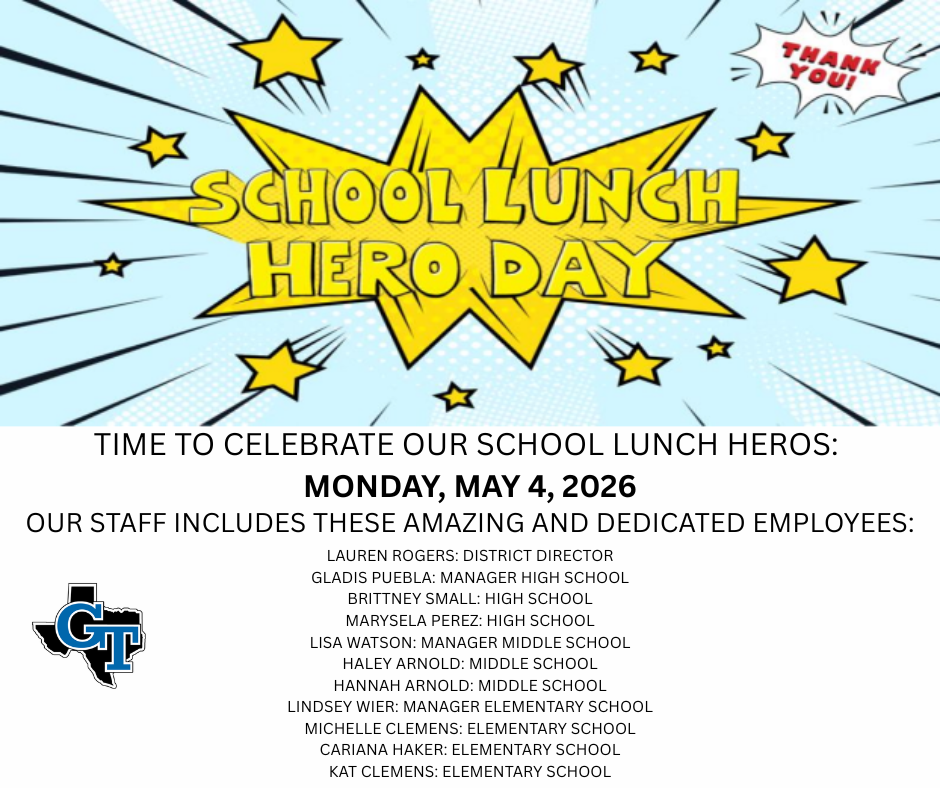 Poster with blue background and stars. It says "School Lunch Hero Day" and lists names of staff members.