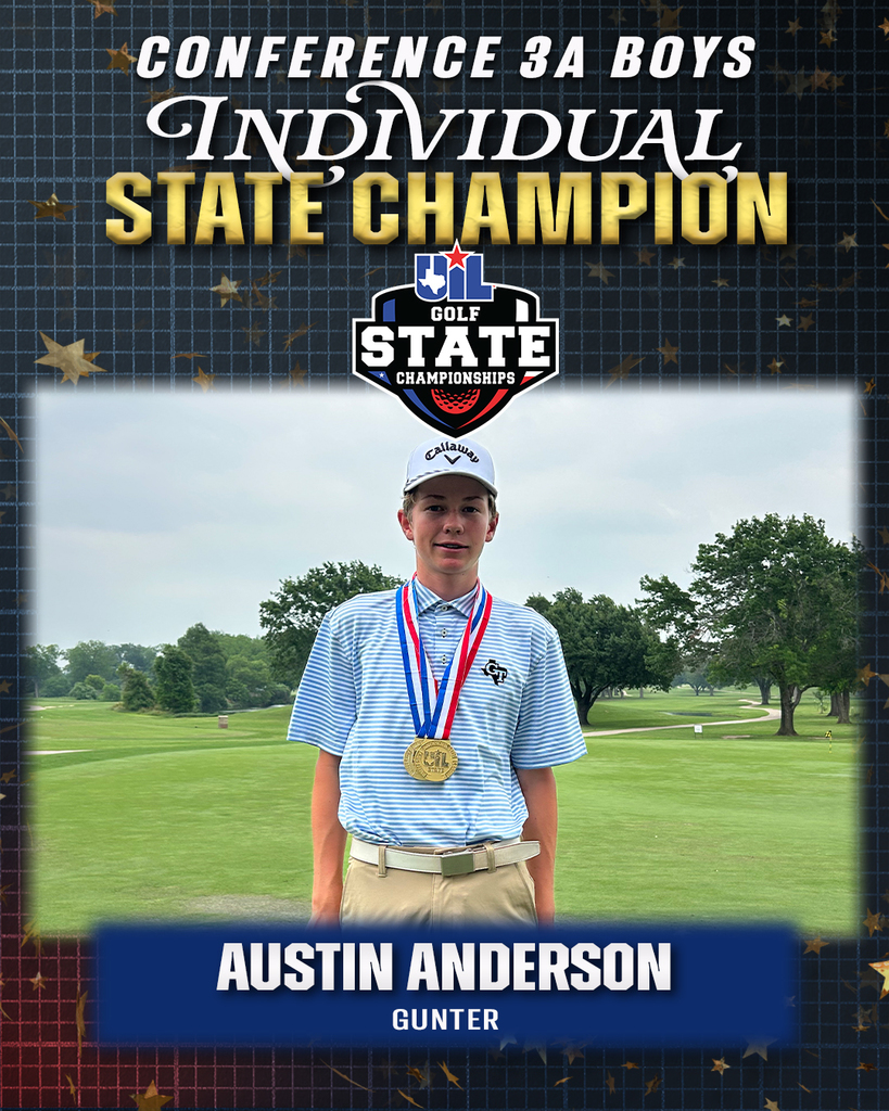 A boy stands on a golf course with a gold medal. Text reads "Conference 3A Boys Individual State Champion" and "Golf State Championship".