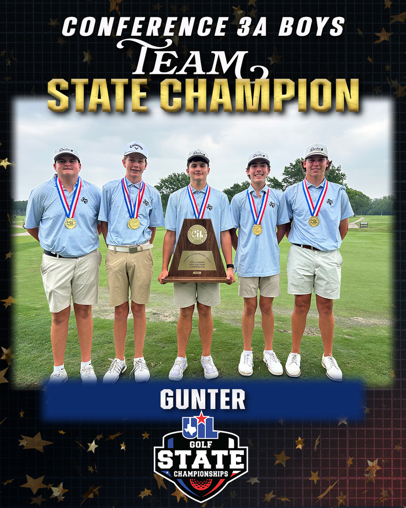 Four golfers in matching blue shirts, medals, and white shoes pose with a trophy on a golf course.