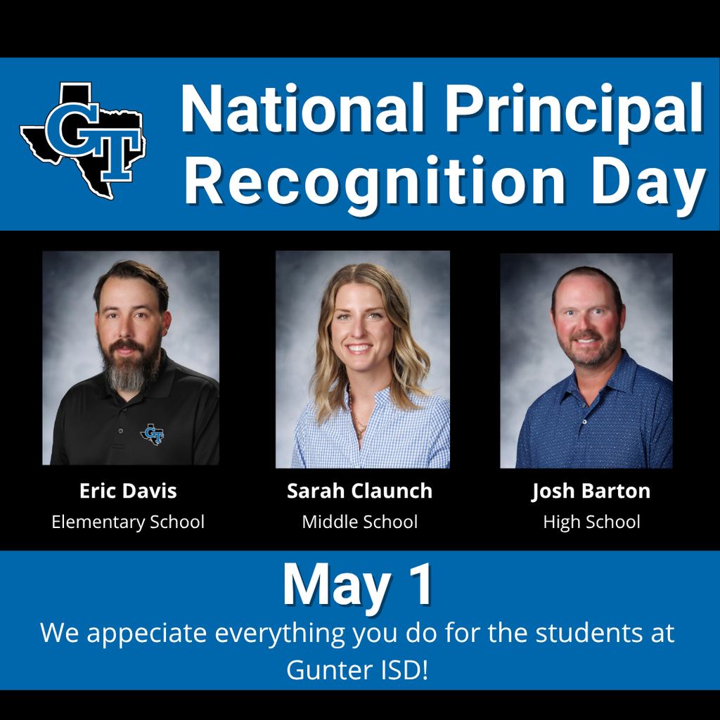 Blue background with text "National Principal Recognition Day" and photos of three principals, Eric Davis, Sarah Claunch, Josh Barton.