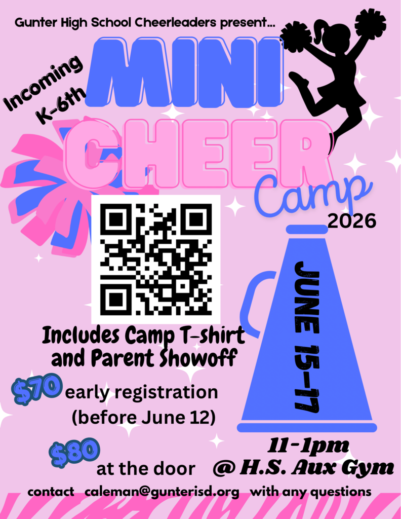 Flyer for Mini Cheer Camp. Includes Camp T-shirt and Parent Showoff. Cost $70 until June 12, $80 after. June 15-17, 11-1pm.