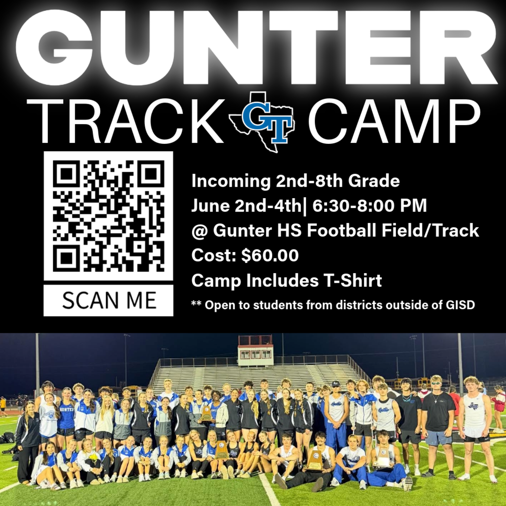 A flyer with a QR code, group photo, and details about a track camp for 2nd-8th grade.