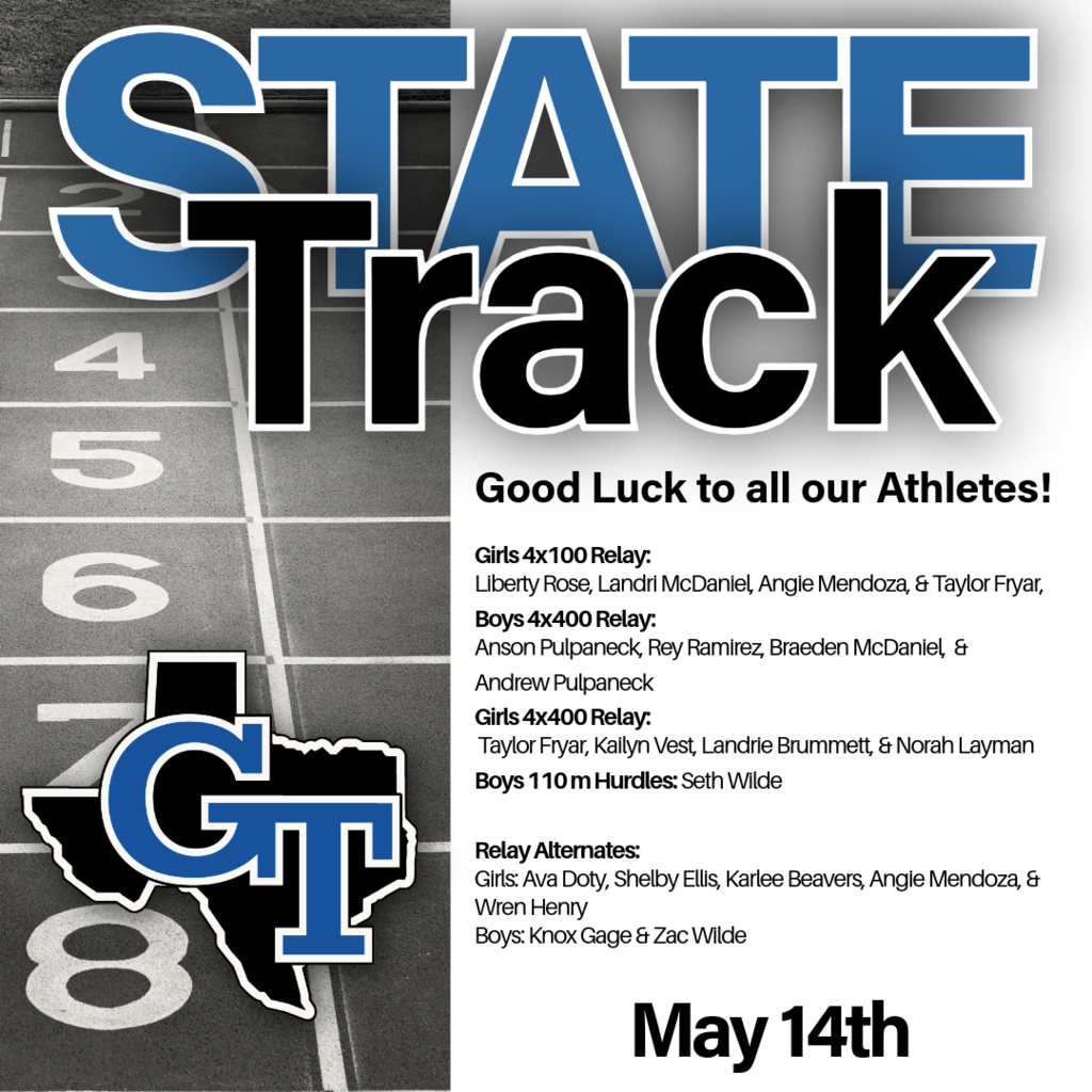 Blue and white text on a dark background displays "State Track" above the date "May 14th" and rosters of athletes.