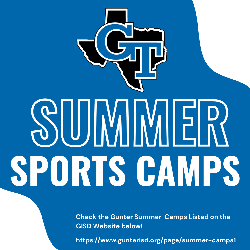 Blue and white graphic with "GT" and "SUMMER SPORTS CAMPS" text. An outline of Texas is above the text.