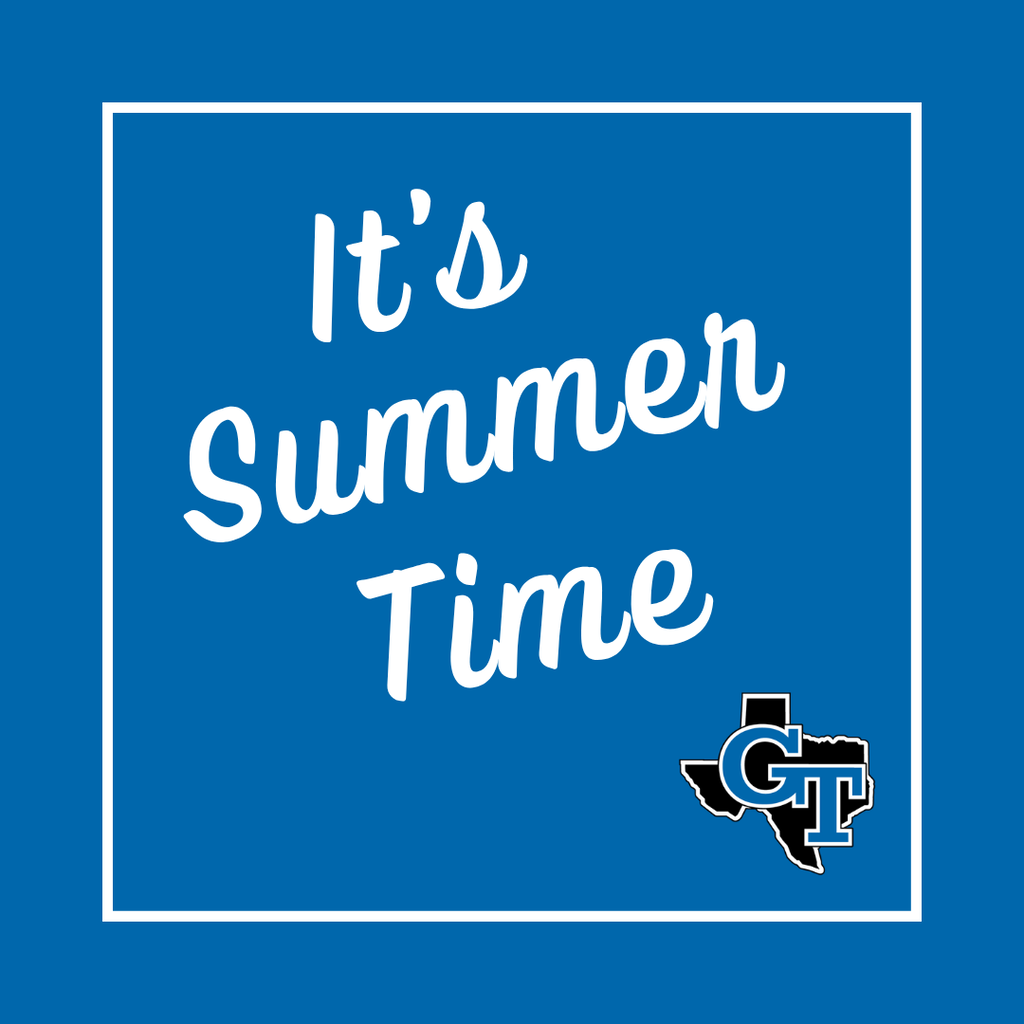 Blue background with white text reading "It's Summer Time" and a logo below on the right.