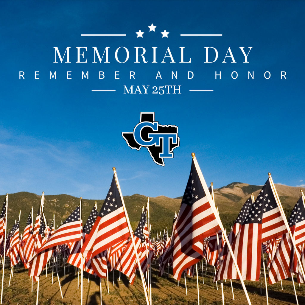 Row of American flags on a grassy field, blue sky in background. Logo on top left, text says "Memorial Day, Remember and Honor, May 25th"