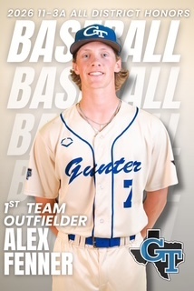 A person in a baseball uniform with "1ST TEAM OUTFIELDER ALEX FENNER" written on it. The words "2026 11-3A ALL DISTRICT HONORS" are at the top.