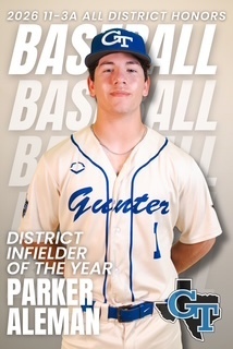 A young baseball player stands in a uniform with a cap, belt, and necklace. The text reads "Baseball" and "District Infielder of the Year Parker Aleman."