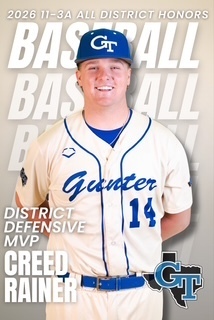Baseball player in a white jersey with blue trim and a blue cap stands with a smile. "Creed Rainer" is written on the bottom.