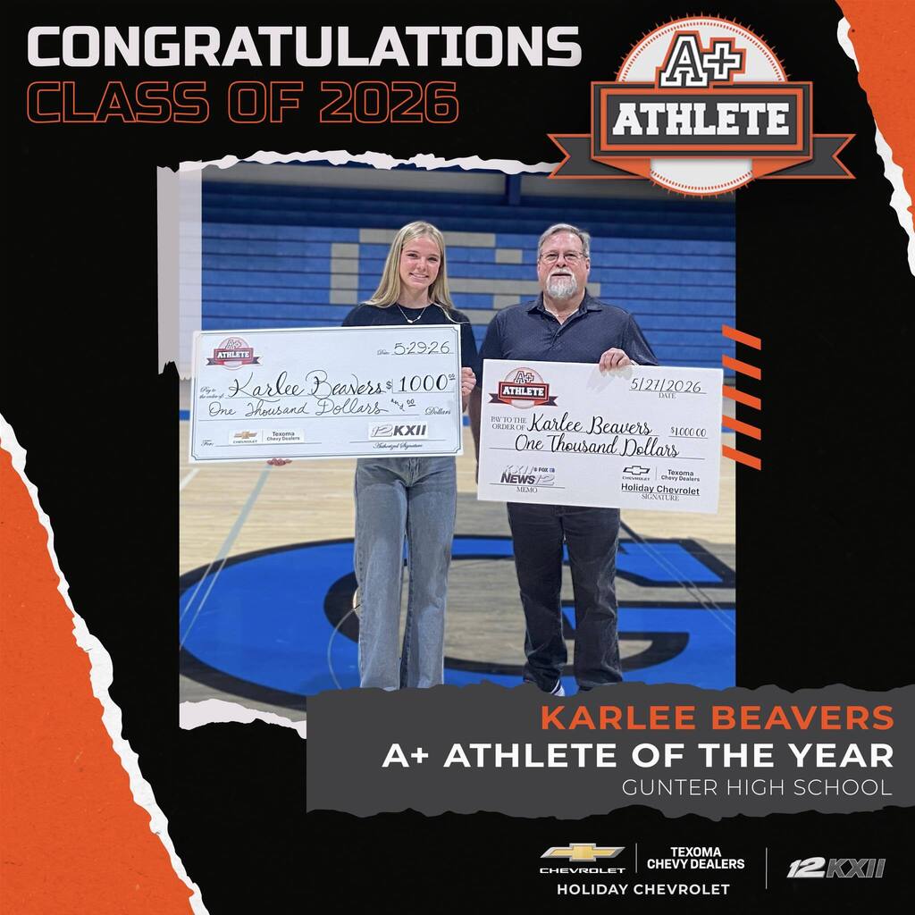 Two people holding large checks stand on a basketball court. Text reads "Congratulations Class of 2025".