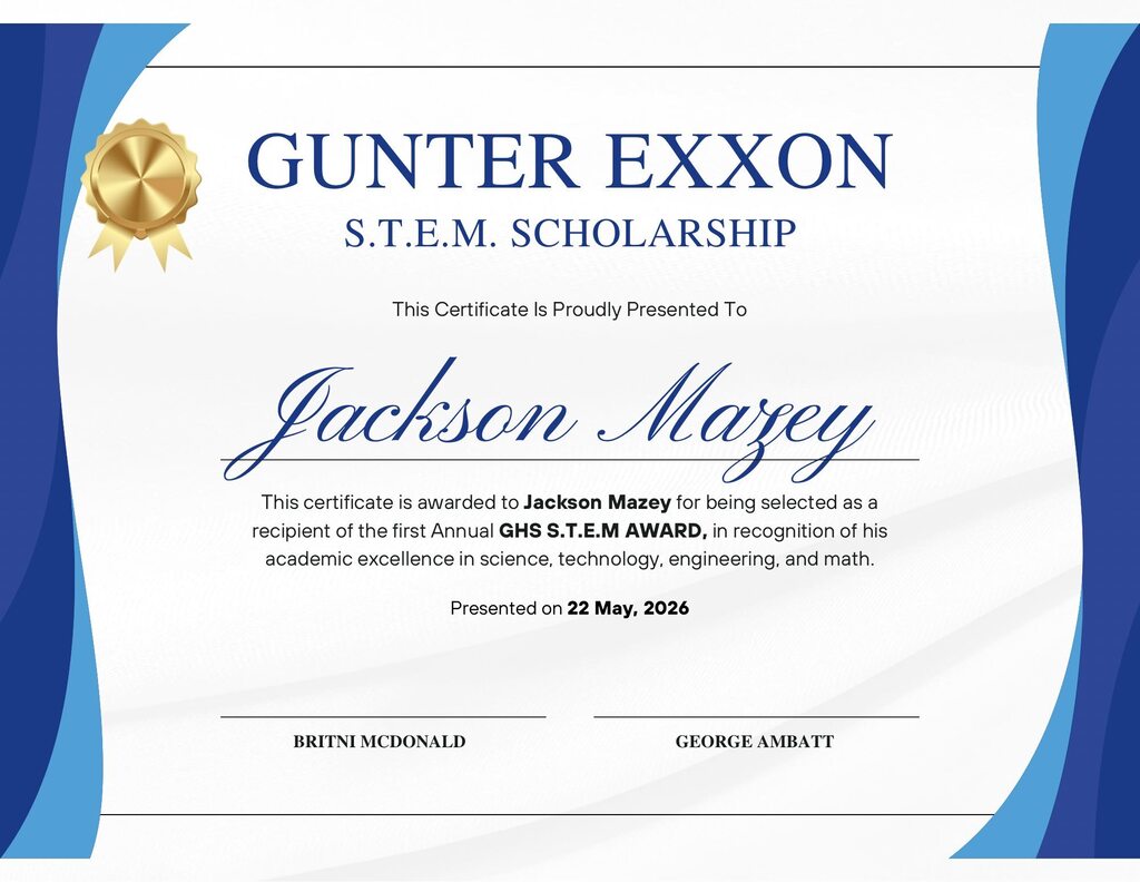 A certificate on blue and white background reading "Gunter Exon S.T.E.M. Scholarship". The name "Jackson Mazey" is in blue cursive.