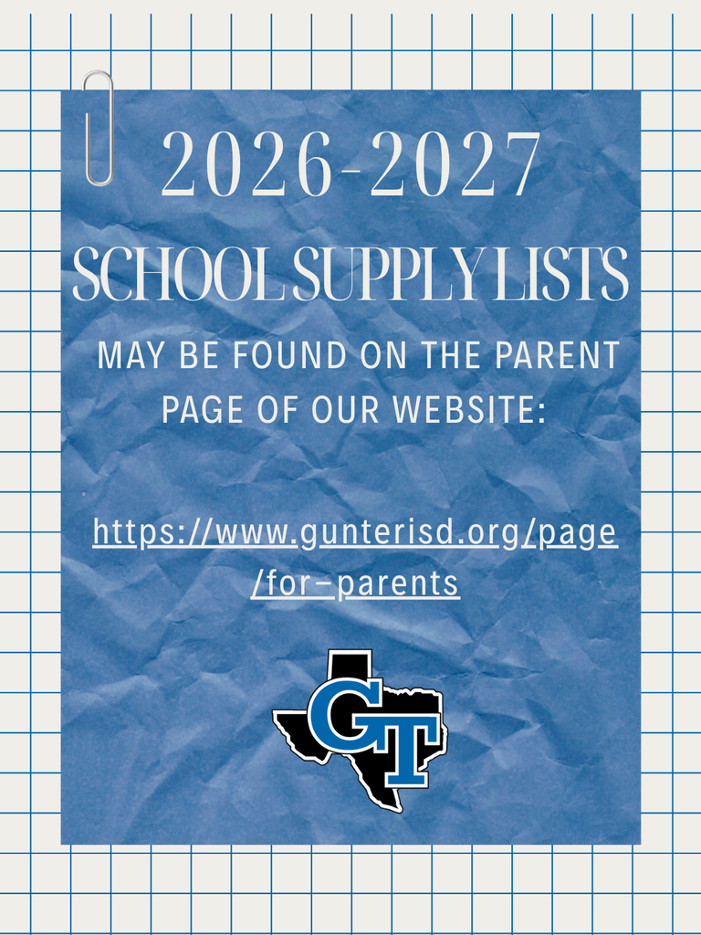 Blue-patterned paper with white text: "2026-2027 SCHOOL SUPPLY LISTS" and website link. A logo at bottom.