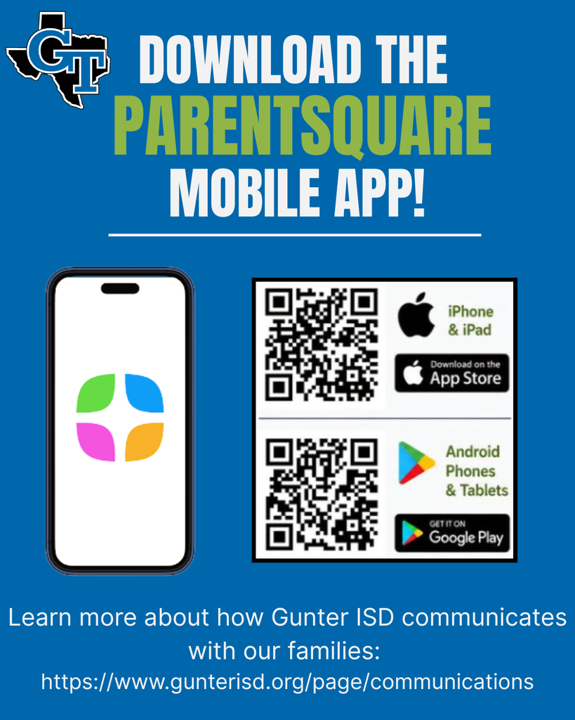 An advertisement encourages downloading the ParentsSquare app, featuring a mobile phone icon, QR codes for Apple and Android, and a link for more information.