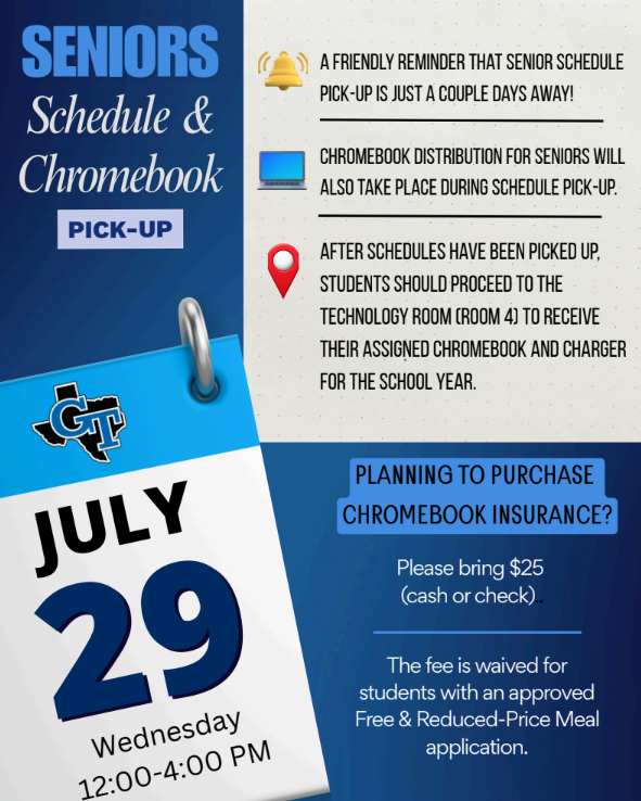 An informational flyer for seniors, highlighting a Chromebook pick-up on July 29, from 12 PM to 4 PM.