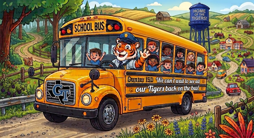 A yellow school bus on a rural road with children and a tiger mascot inside.