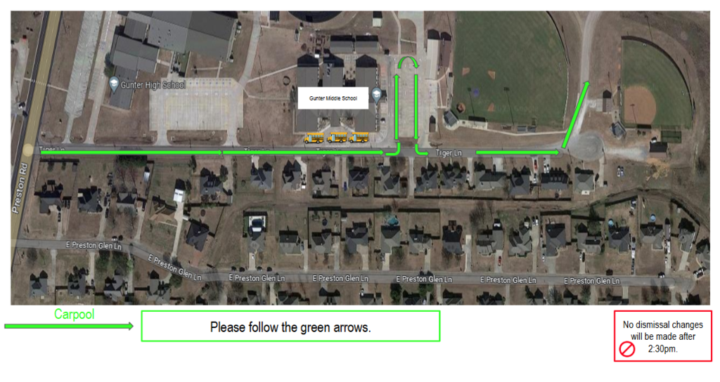 Aerial map of a neighborhood with directions, including a no-parking sign and green arrows indicating a route.