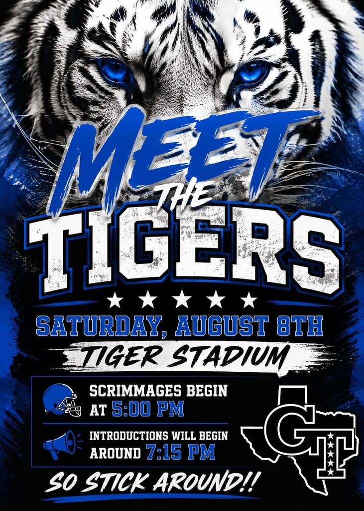 Event poster with a tiger's face, "Meet the Tigers" in blue and white, date, stadium, and times.