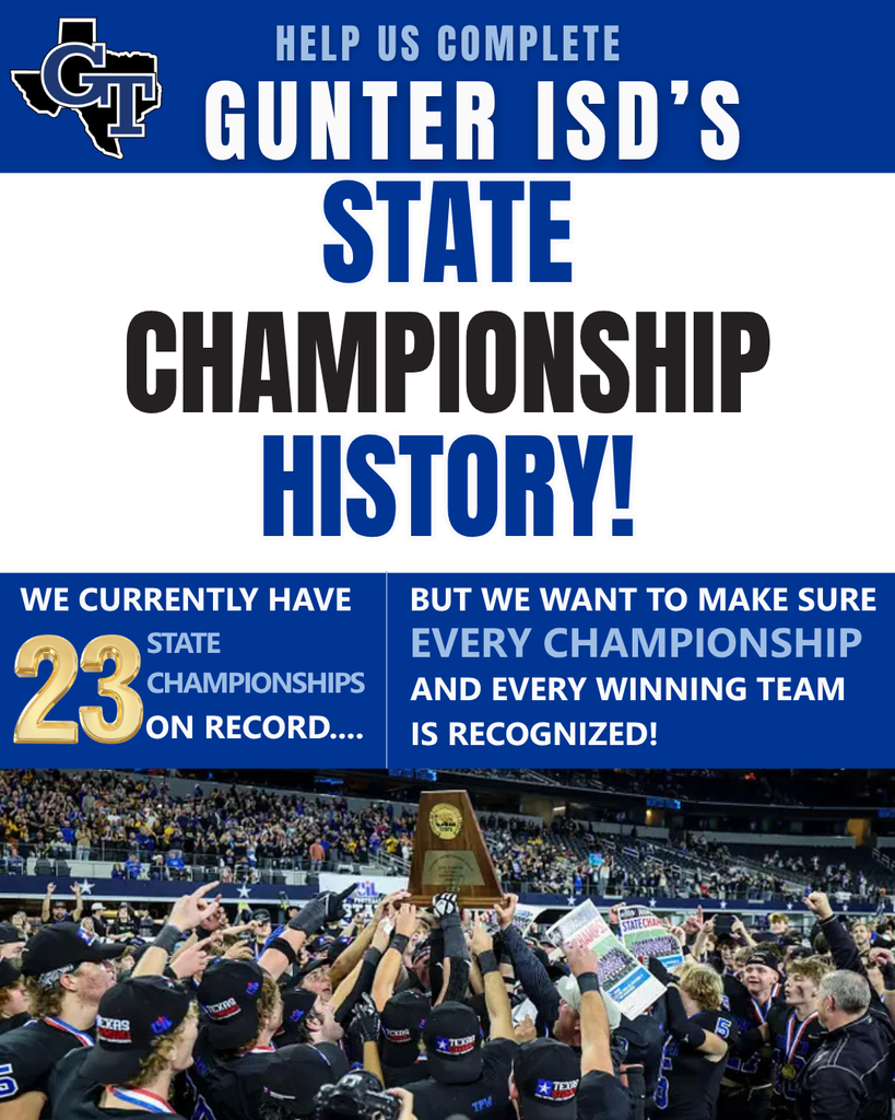 Crowd holding a trophy in a stadium. Text reads: "Help us complete Gunner ISD's State Championship History!"