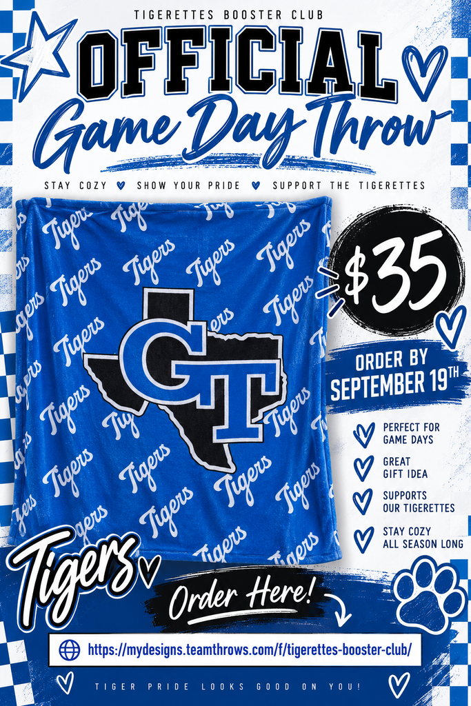 Blue and white poster with "Official Game Day Throw" text. Features a blue throw blanket with a blue tiger paw and CT letters. Price at $35. Includes ordering link.