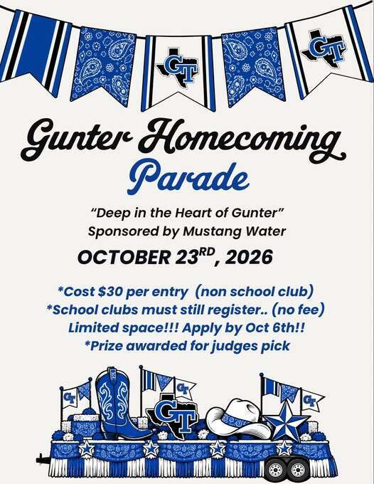 Blue and white parade flyer with "Gunter Homecoming Parade" in large letters. Event details include date, entry fee, and sponsor.