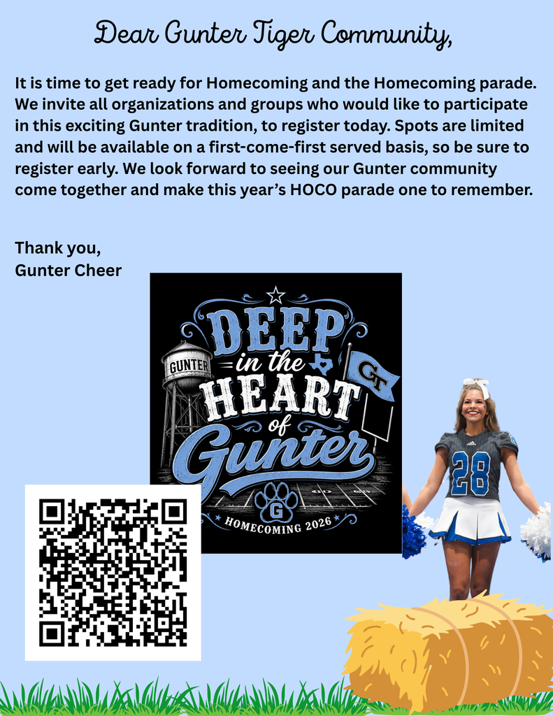 An advertisement for a homecoming parade with a person in cheer gear, a QR code, and a text about registration.