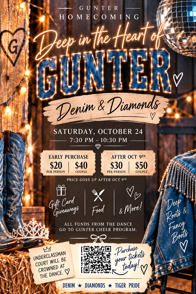 Poster with text "Gunner Homecoming" on top. Denim & Diamonds event at 7:30 PM on Oct 24. Tickets $20 early, $30 after Oct 9. QR code. Denim, Diamonds, Tiger Pride.