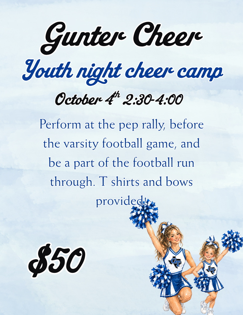 Poster with blue sky background and white clouds. Two young girls in cheerleading uniforms. Text: "Gunter Cheer Youth Night Cheer Camp."