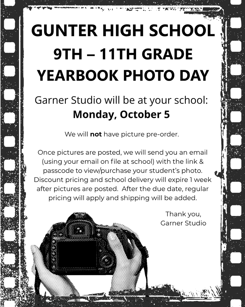 A poster announces Gunter High School's yearbook photo day for 9th-11th graders. The date is Monday, October 5.