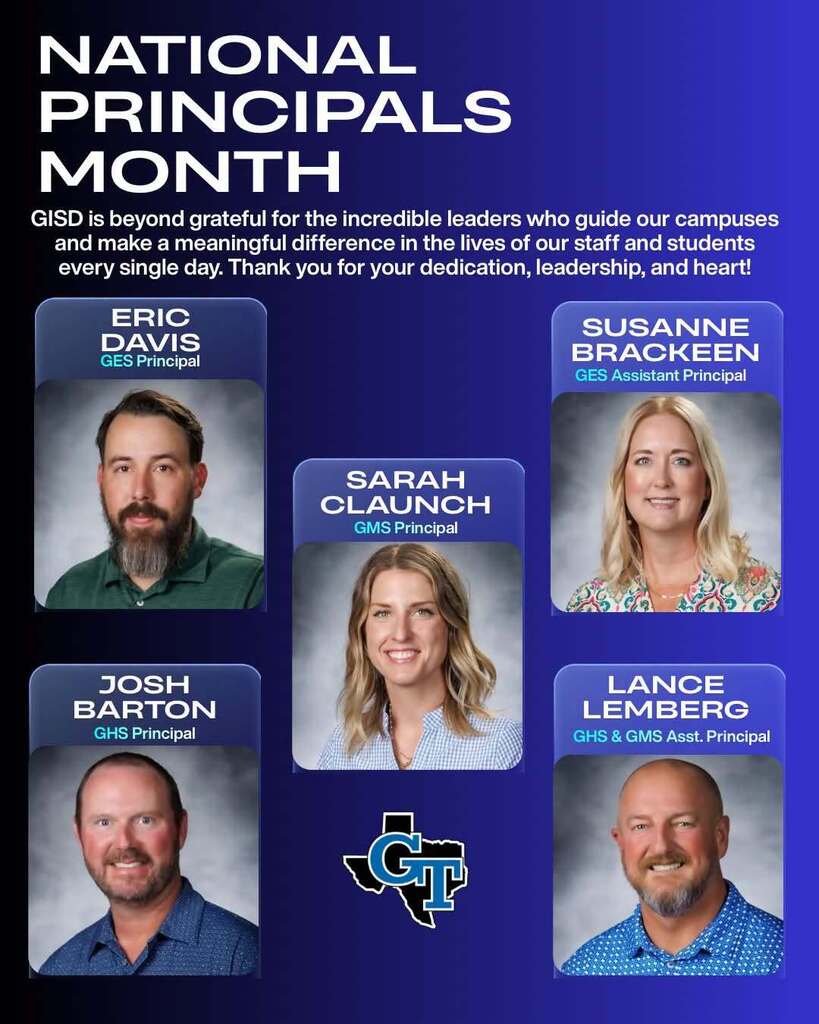 A blue background displays five headshots with names and titles, including GISD leaders. The text "National Principals Month" is at the top.