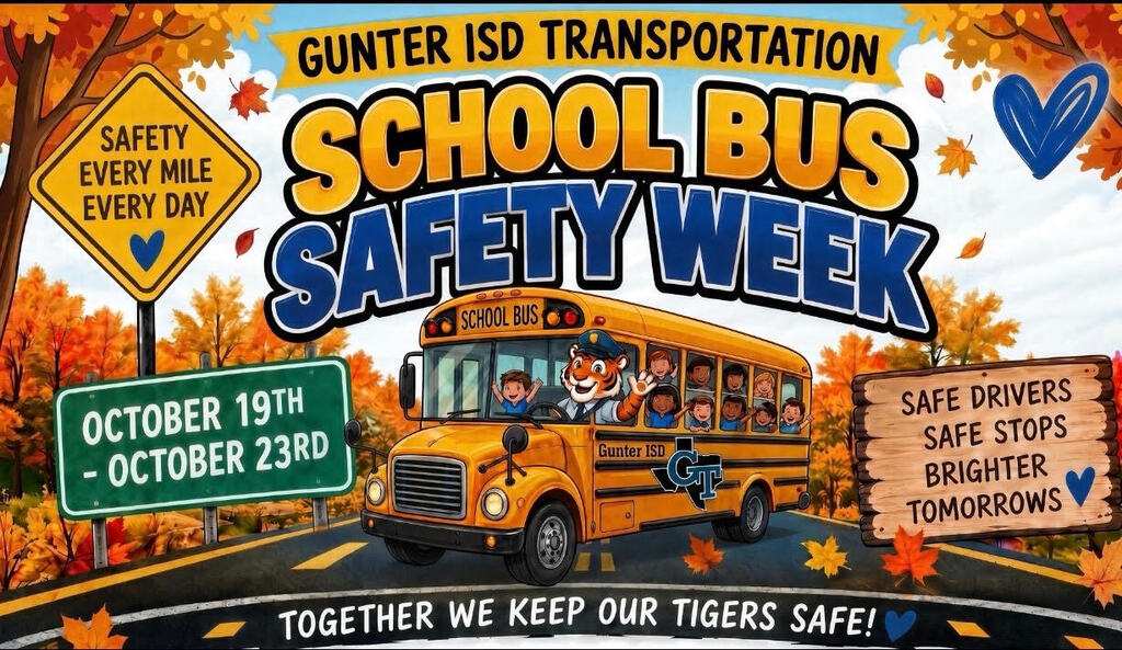 Yellow school bus on a road with autumn trees. Posters promoting "School Bus Safety Week" and safe driving.