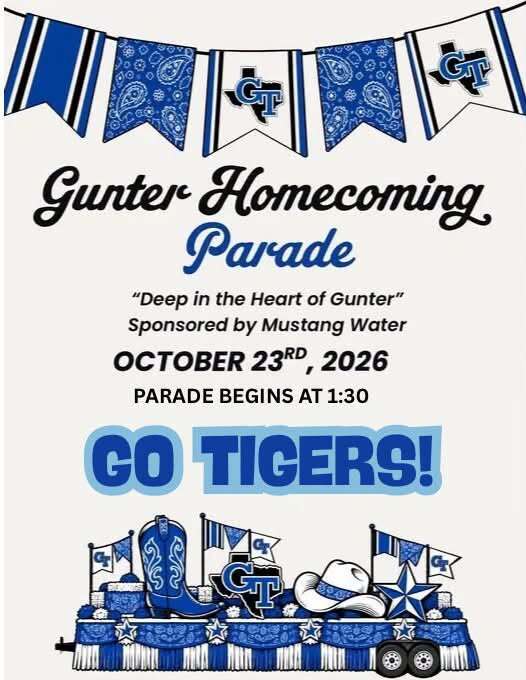 Blue and white banner with "Gunter Homecoming Parade" text. Parade date is October 23, 2026. Starts at 1:30 p.m.
