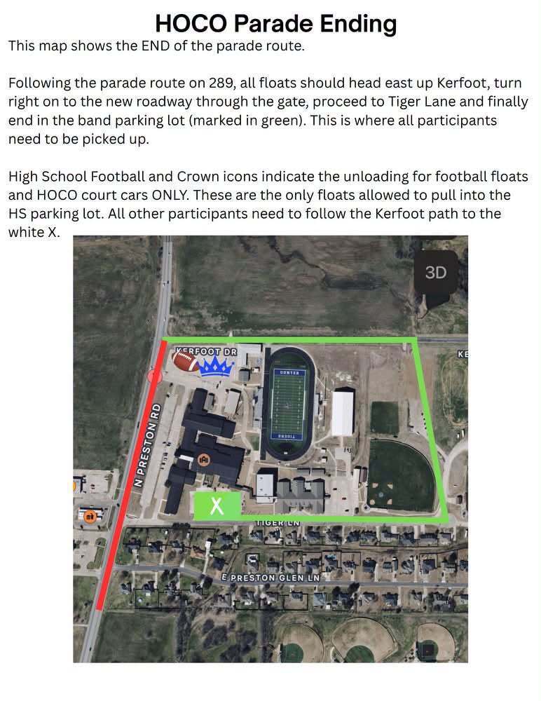 Map shows parade route for a school parade. Green area indicates parking for floats. Red area indicates football parking.