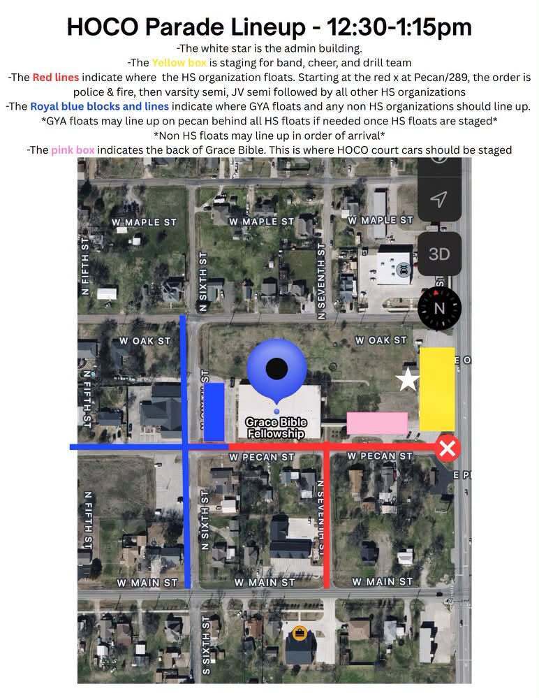 Map of parade route for HOC Parade. The white star marks admin building. The red lines mark police and fire.