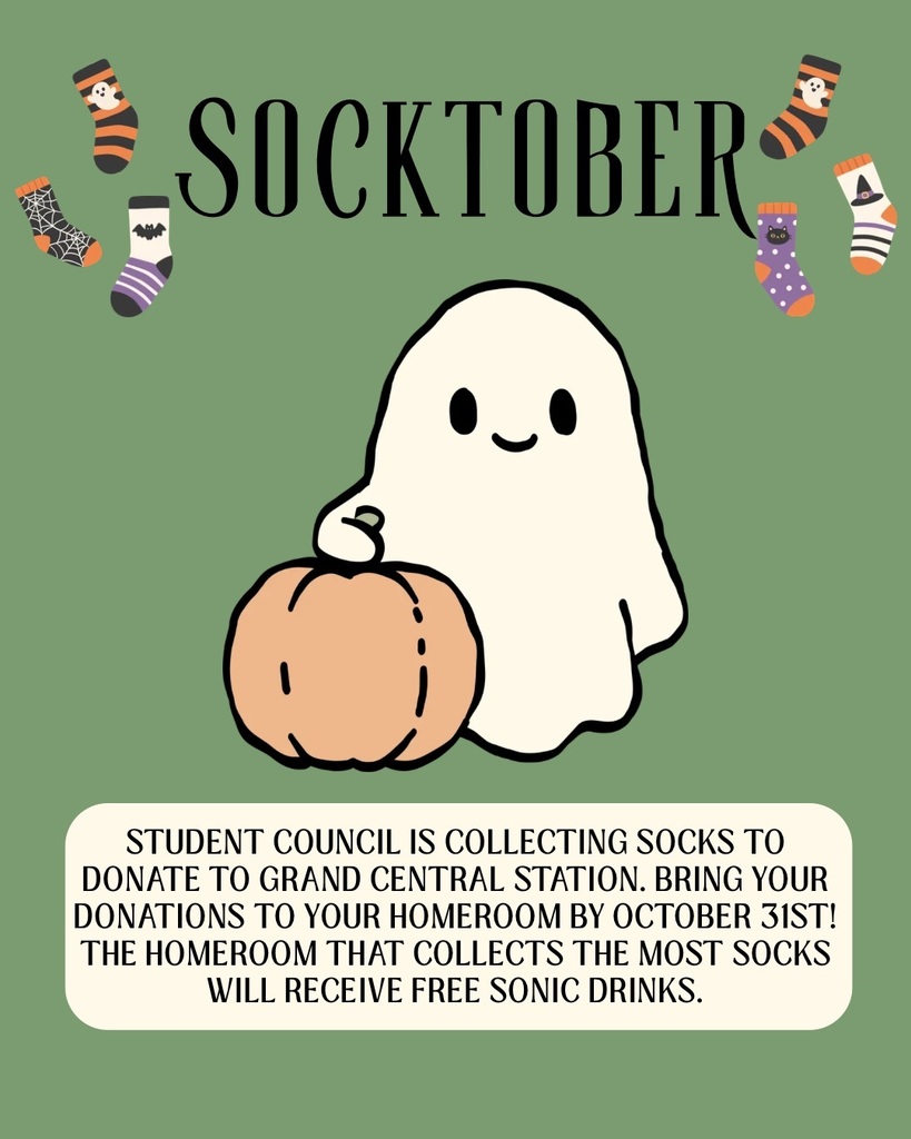 A cartoon ghost holding a pumpkin with text. The background is green and has socks. Text reads "Socktober" and instructions for a sock donation drive.