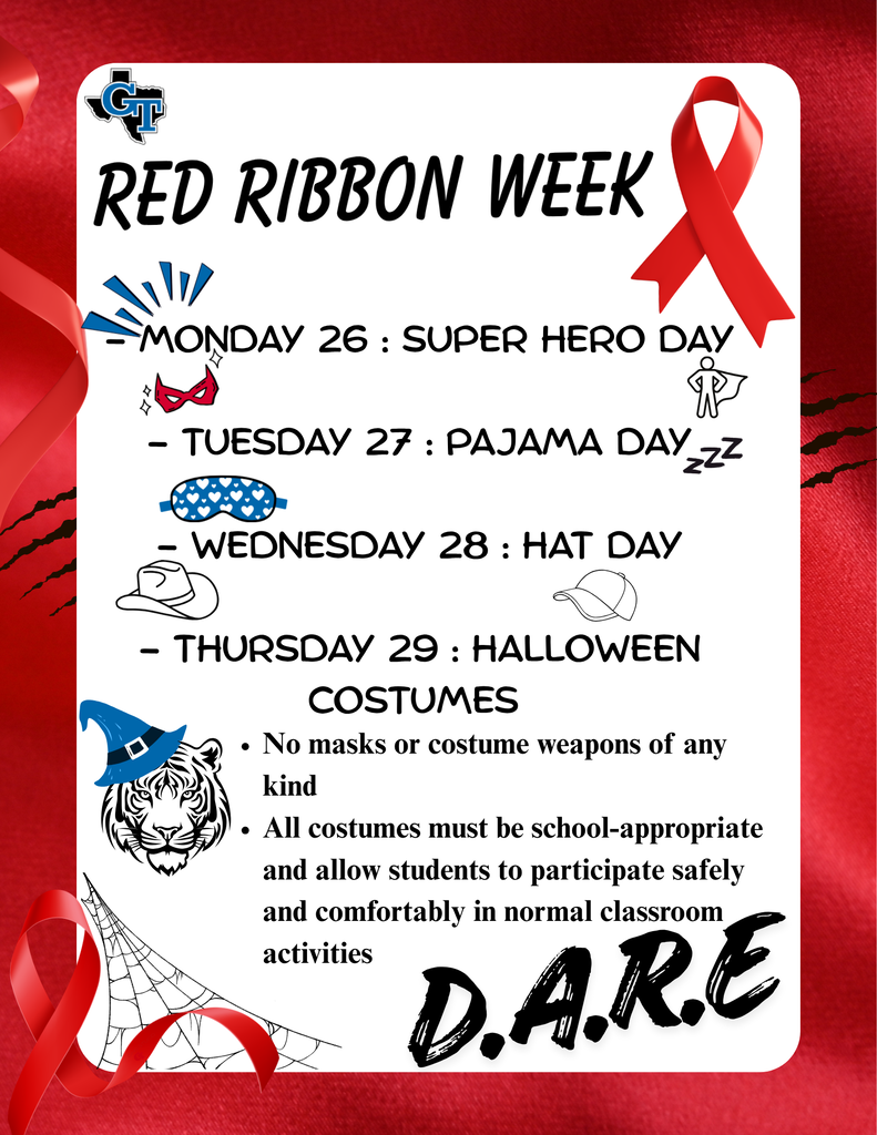 Poster with red ribbon at top and bottom; red background with white text; weekly schedule for Red Ribbon Week