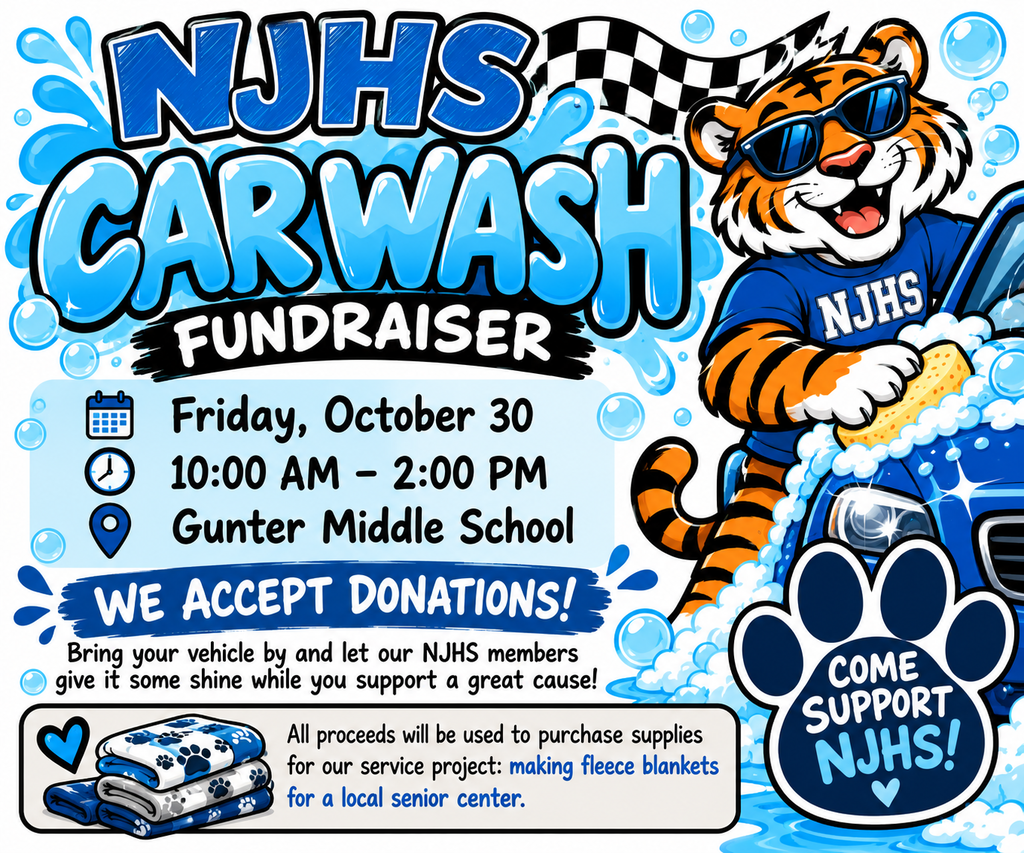 Poster with text and a cartoon tiger holding a sponge. It says "NJHS Carwash Fundraiser" with date and time.