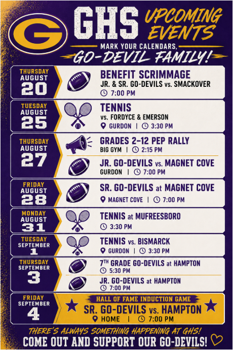 Scheduled events 8/20-9/4