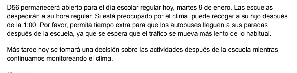 Inclement Weather Message - SP