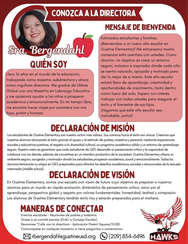 Principal's Message - including About Me, Welcome Note, Mission Statement, Vision Statement, and Ways to Connect (Spanish)