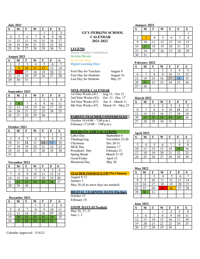 2021-22 School Calendar Approved | Guy-Perkins Schools 2021-22 School Calendar Approved | Guy-Perkins Schools