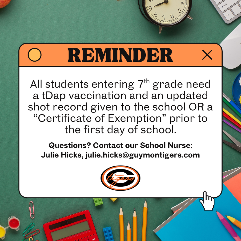 Reminder notice about 7th grade vaccination requirement.