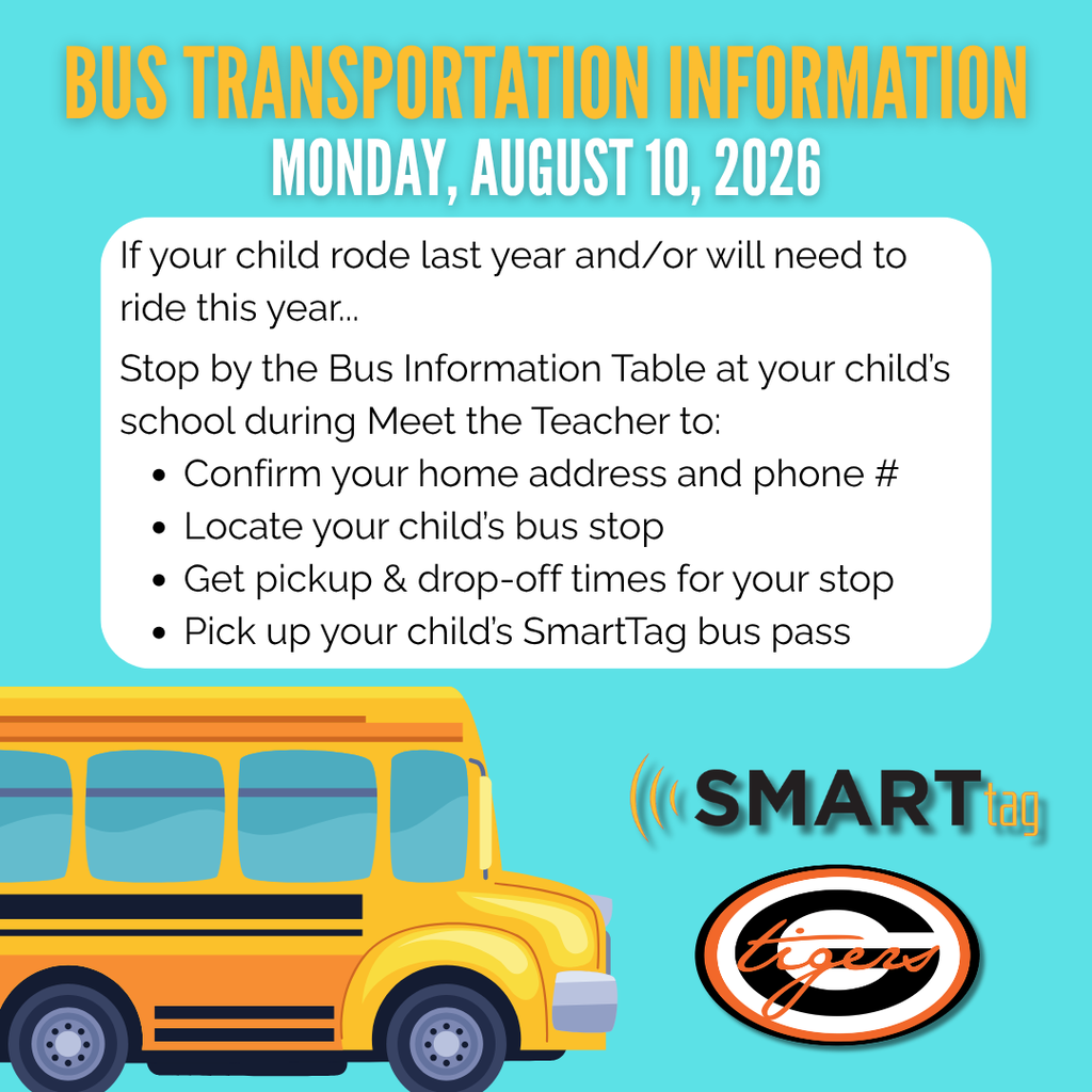 Blue background with text. Illustration of a school bus in yellow. Below the bus is the text "SMARTag".