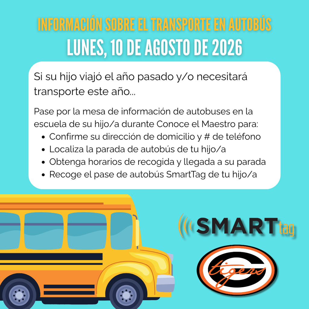 A blue poster displays text about bus transportation, including a yellow school bus, date, and SmartTag information.