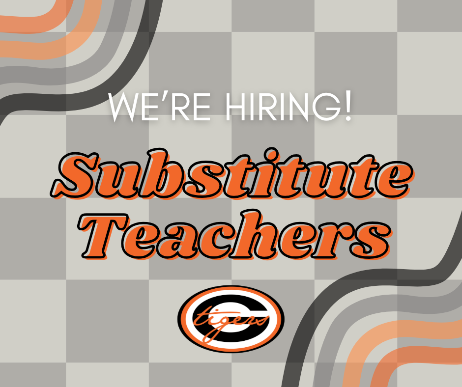 An announcement for substitute teacher hiring with bold text and a logo on a checkered background.