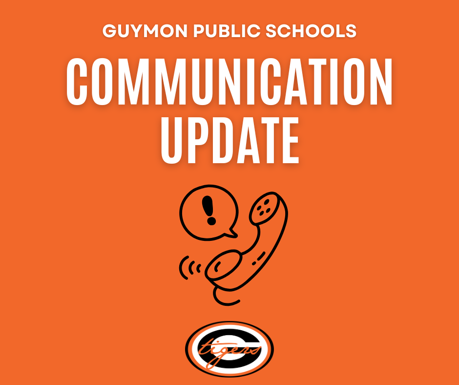 Orange background with text reading "Guymon Public Schools Communication Update" and an illustration of a phone with an exclamation mark.